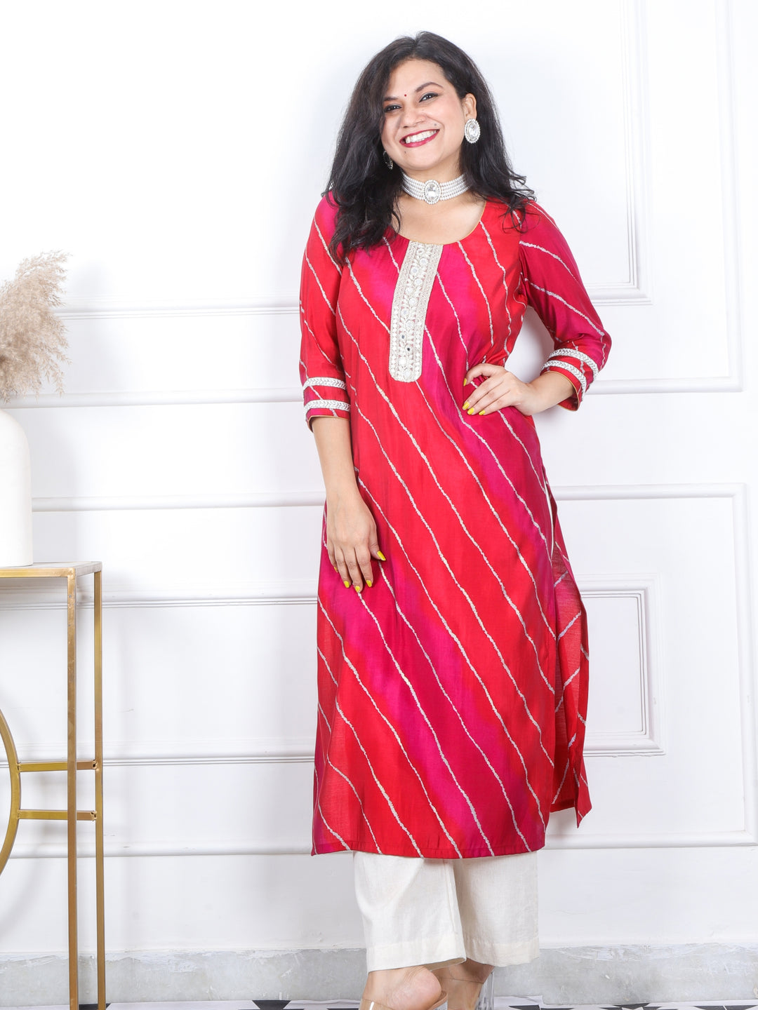 Prakriti Red and Pink Leheriya Print with Embellish Lace Work Modal Kurti