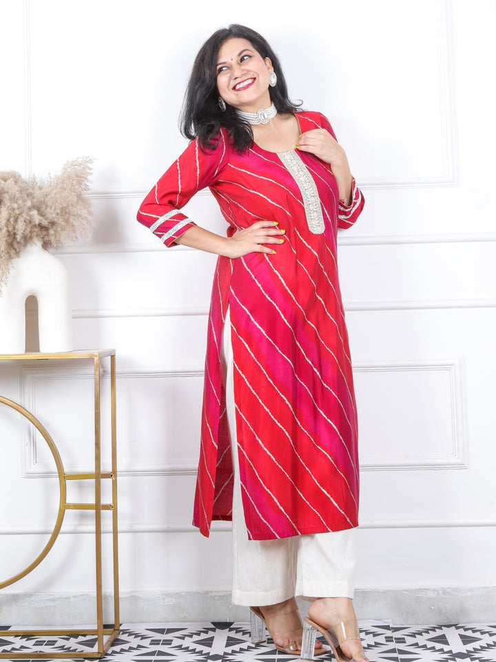Prakriti Red and Pink Leheriya Print with Embellish Lace Work Modal Kurti