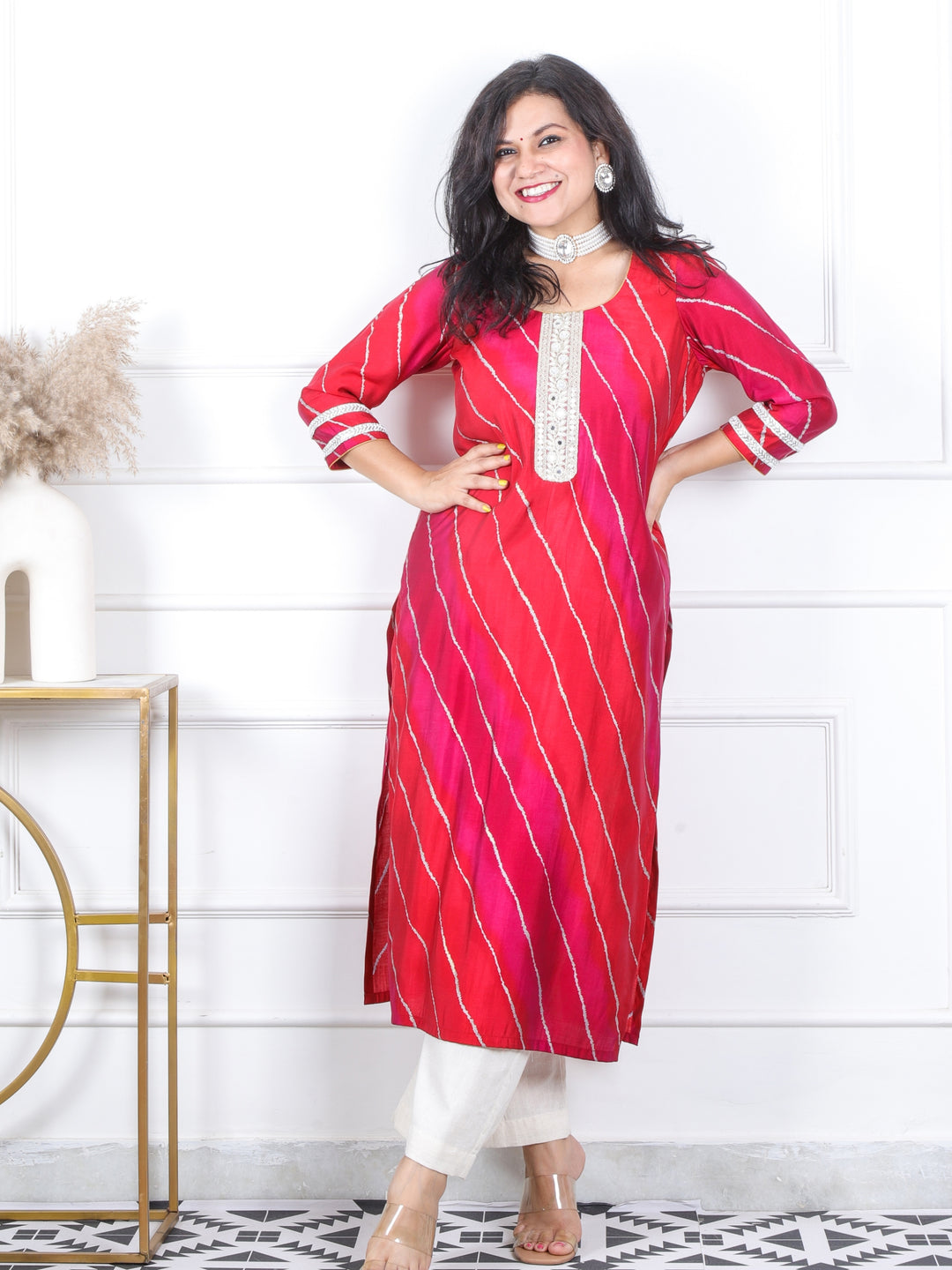 Prakriti Red and Pink Leheriya Print with Embellish Lace Work Modal Kurti