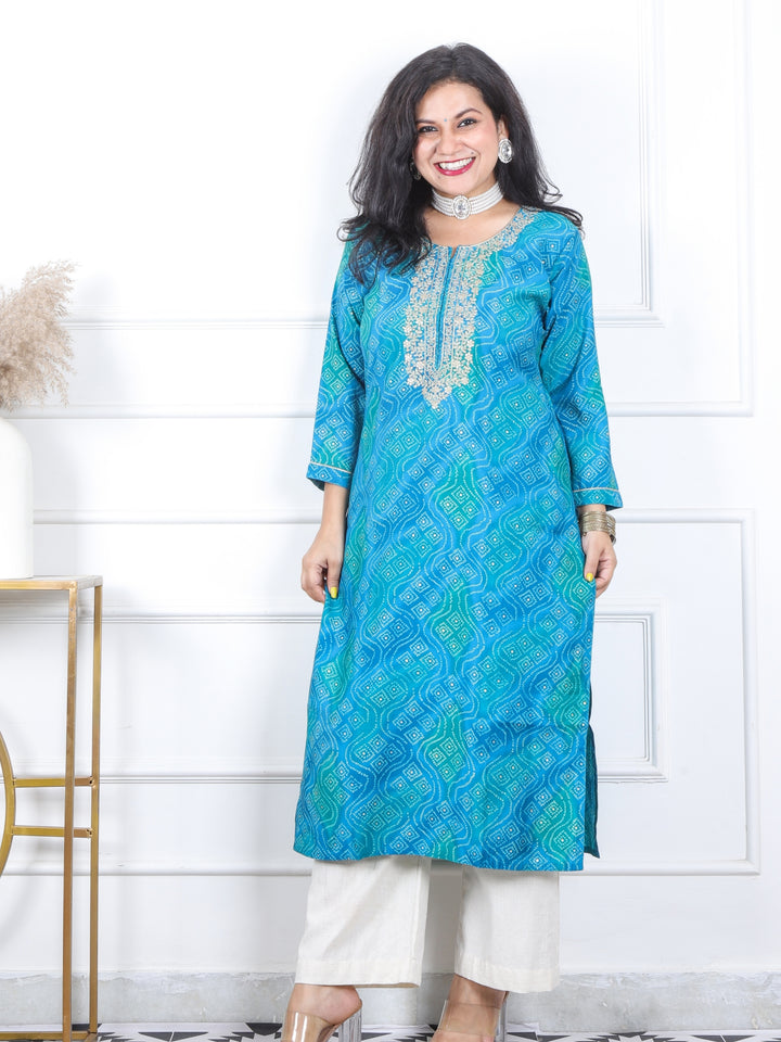 Daarshvi Teal Blue Bandani Printed Embellish Neckline Modal Kurt