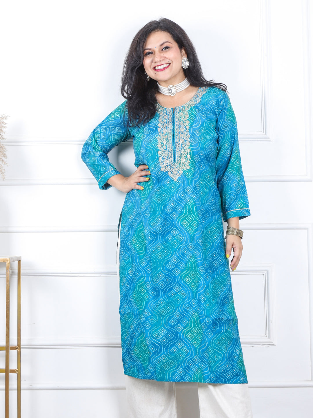 Daarshvi Teal Blue Bandani Printed Embellish Neckline Modal Kurt