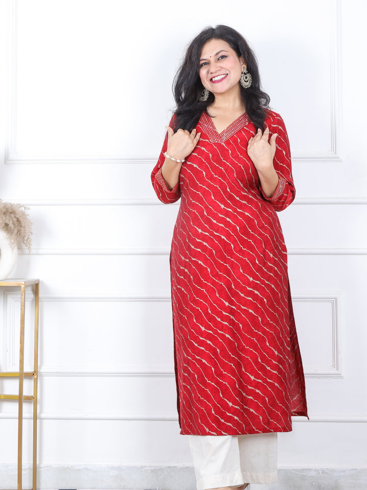 Prakriti Red Leheriya Print with V Neck Lace Work Modal Kurti