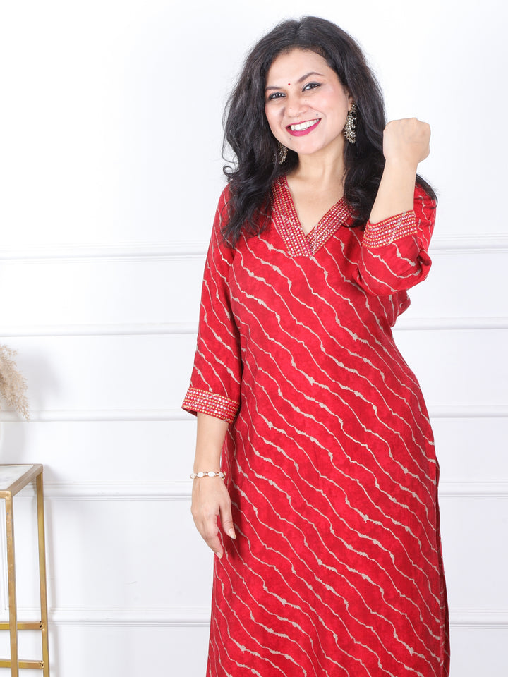 Prakriti Red Leheriya Print with V Neck Lace Work Modal Kurti