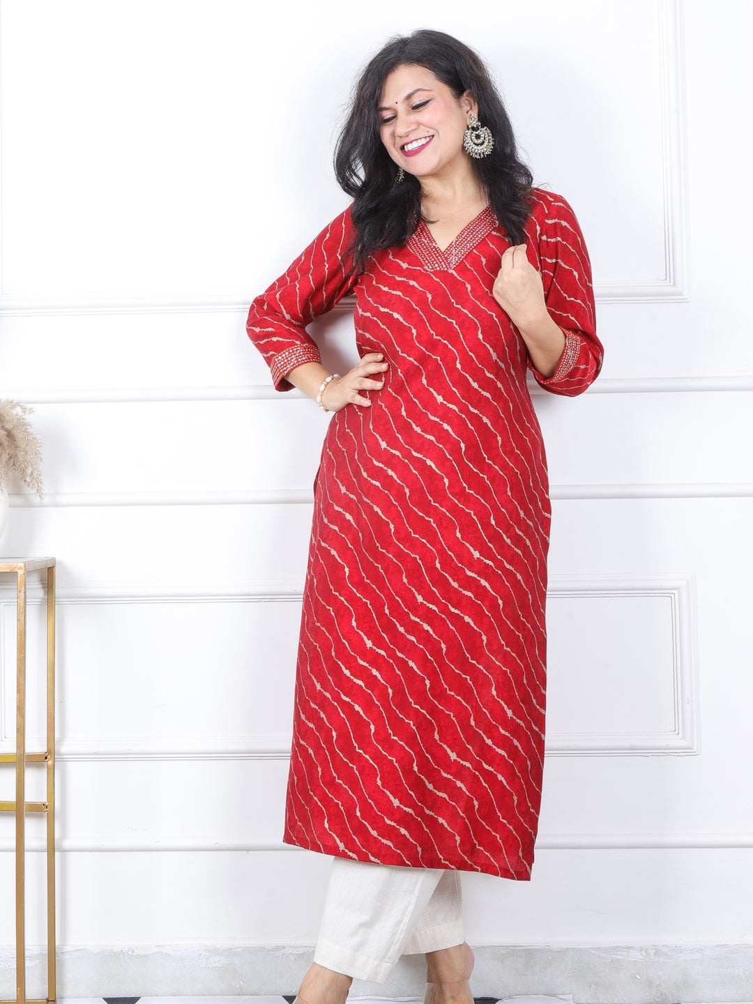 Prakriti Red Leheriya Print with V Neck Lace Work Modal Kurti