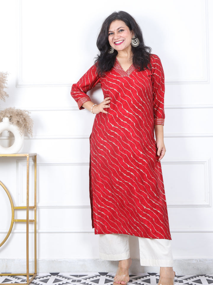 Prakriti Red Leheriya Print with V Neck Lace Work Modal Kurti