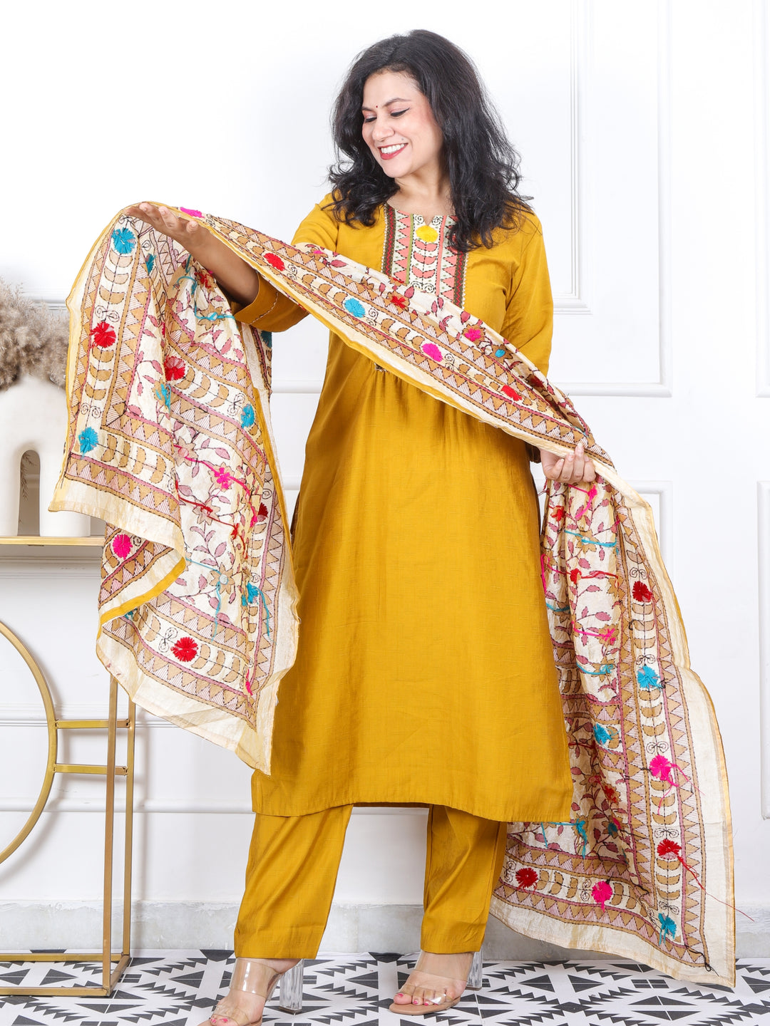 Kahish Dijon Yellow Phulkari Patch Neck Work Modal 3 Piece Set