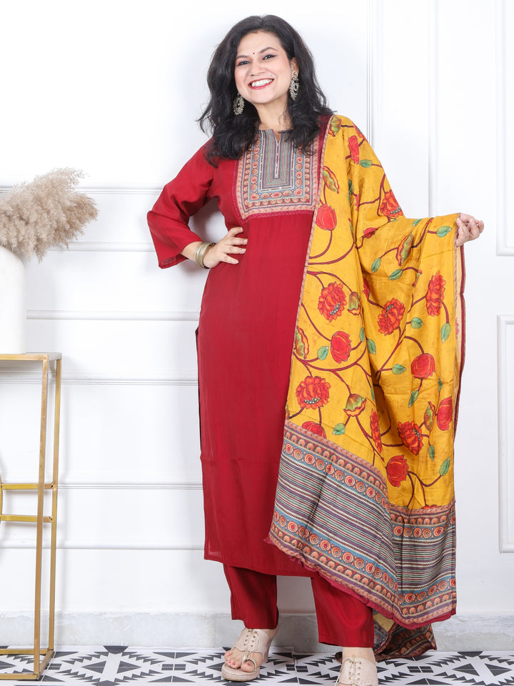 Daarshvi Blood Red Printed Patch Neckline Work Modal 3 Piece Set