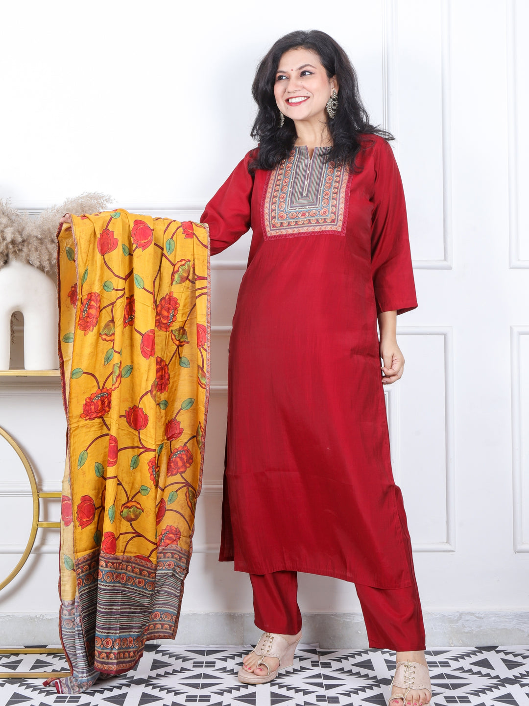 Daarshvi Blood Red Printed Patch Neckline Work Modal 3 Piece Set