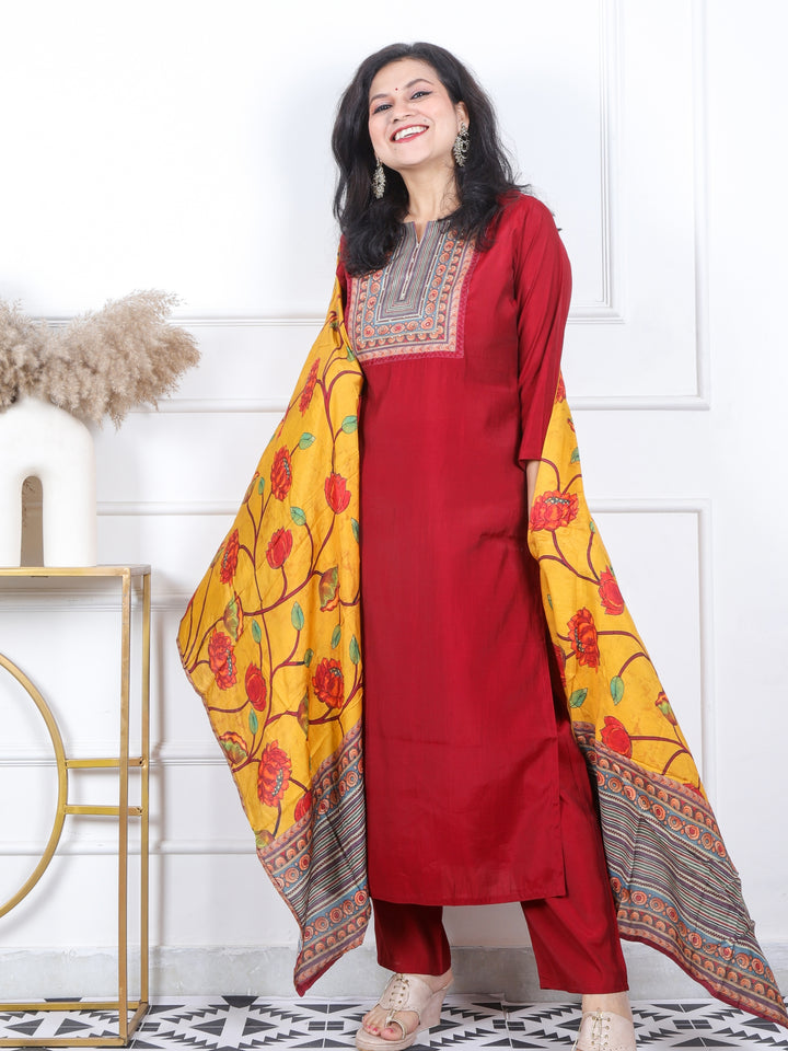 Daarshvi Blood Red Printed Patch Neckline Work Modal 3 Piece Set