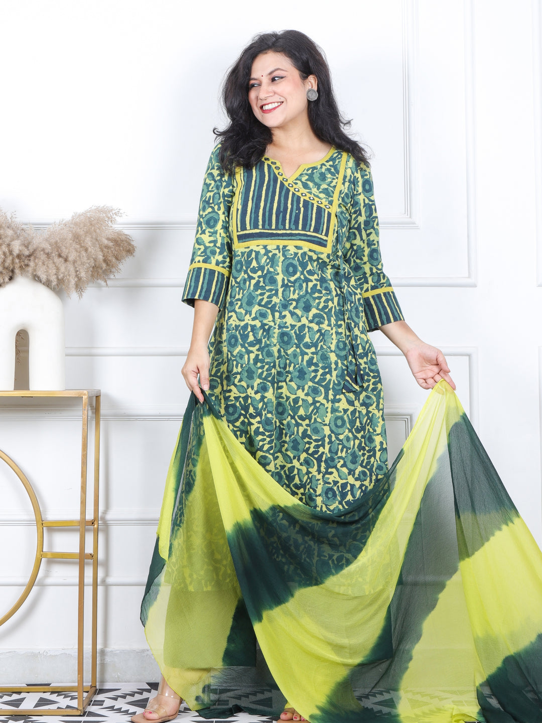 Mannat Sac. Mint Green Lace with Angrakha Neck Dabu Printed Cotton 3 Piece Set