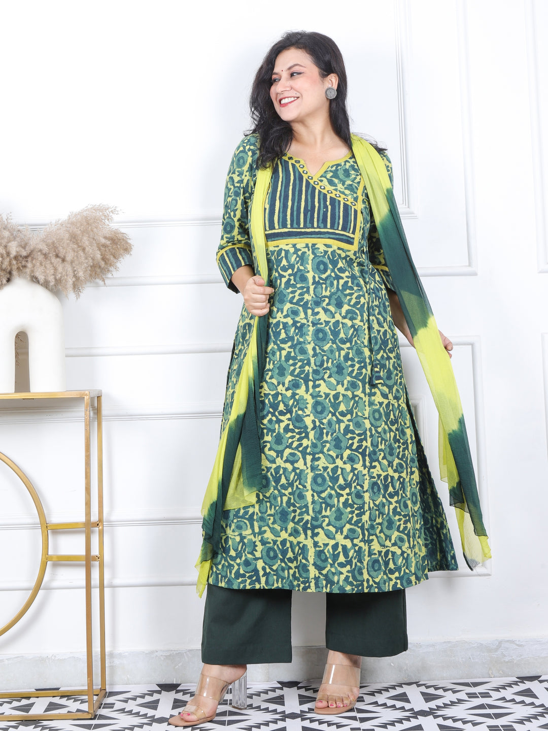 Mannat Sac. Mint Green Lace with Angrakha Neck Dabu Printed Cotton 3 Piece Set