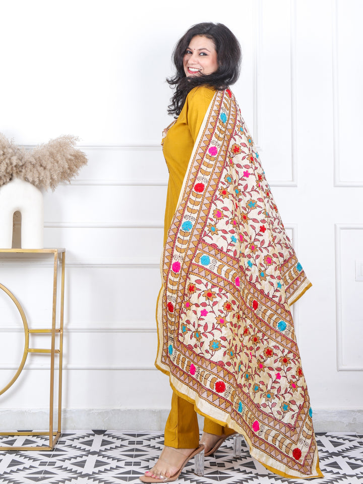 Kahish Dijon Yellow Phulkari Patch Neck Work Modal 3 Piece Set