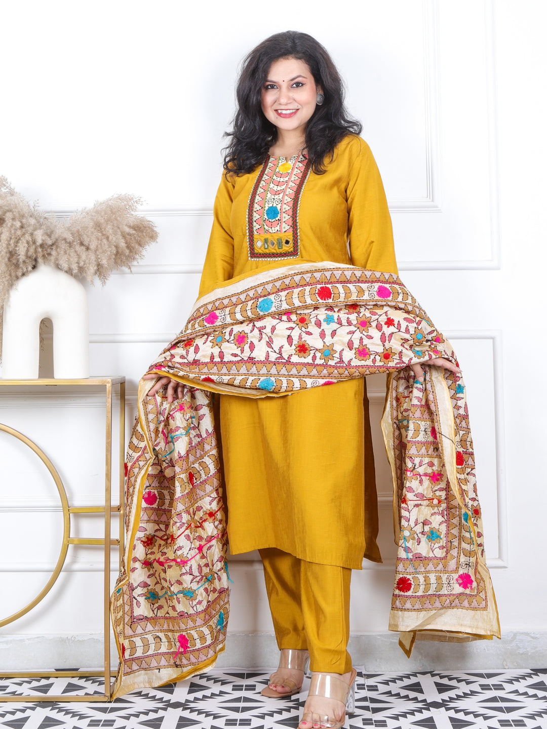 Kahish Dijon Yellow Phulkari Patch Neck Work Modal 3 Piece Set