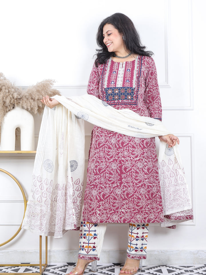 Kush Baby Pink Mirror Work Patch In Running Stitch Cotton 3 Piece Set
