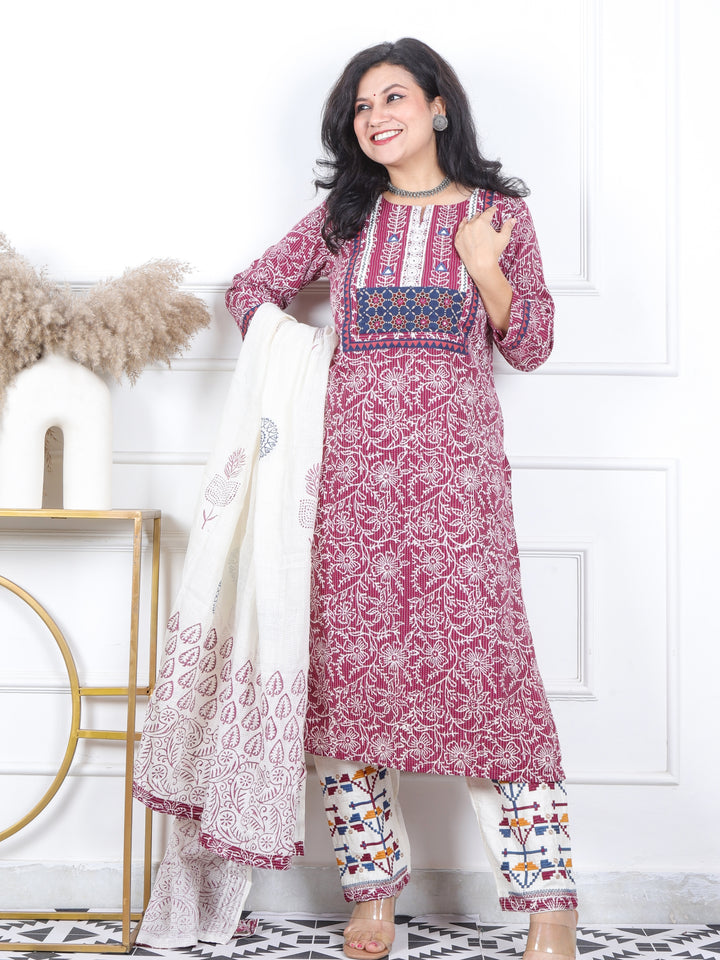 Kush Baby Pink Mirror Work Patch In Running Stitch Cotton 3 Piece Set