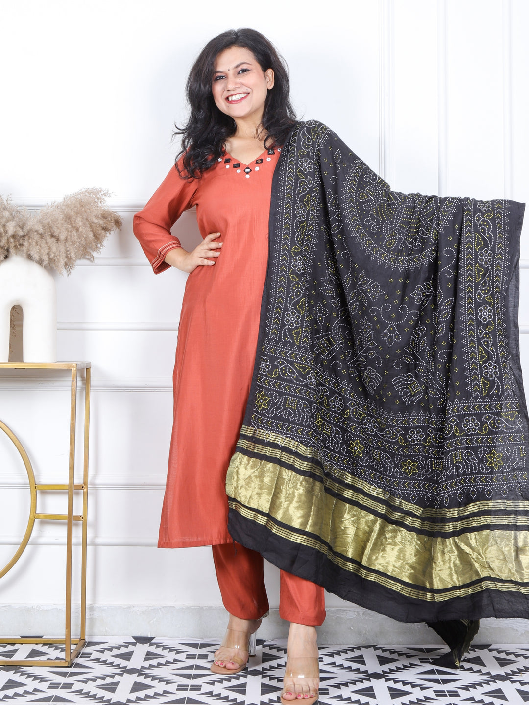 Prakriti Barn Brown Mirror Work V Neck Roman Silk 3 Piece Set