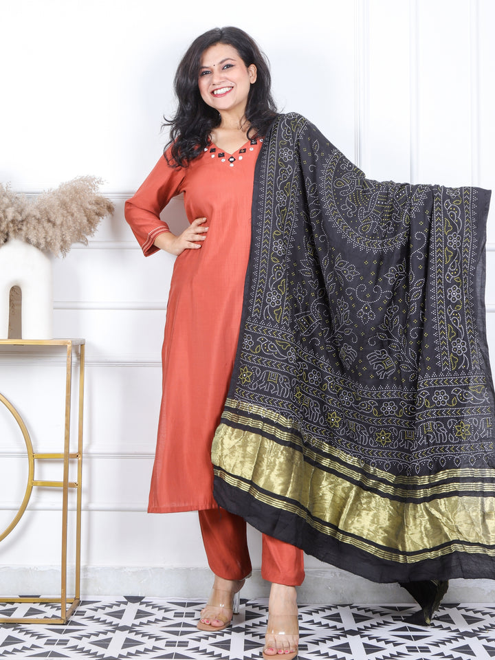 Prakriti Barn Brown Mirror Work V Neck Roman Silk 3 Piece Set