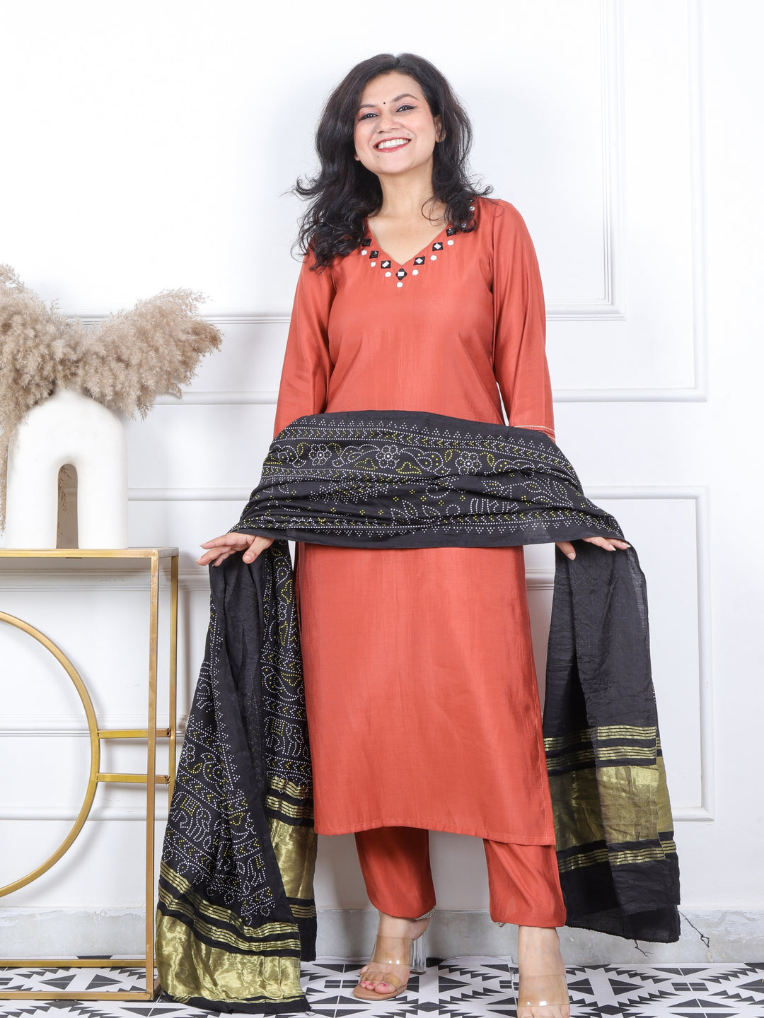 Prakriti Barn Brown Mirror Work V Neck Roman Silk 3 Piece Set