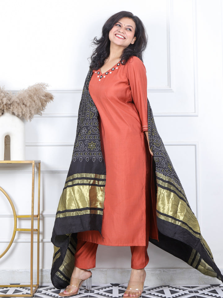Prakriti Barn Brown Mirror Work V Neck Roman Silk 3 Piece Set