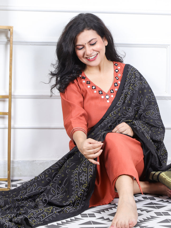 Prakriti Barn Brown Mirror Work V Neck Roman Silk 3 Piece Set