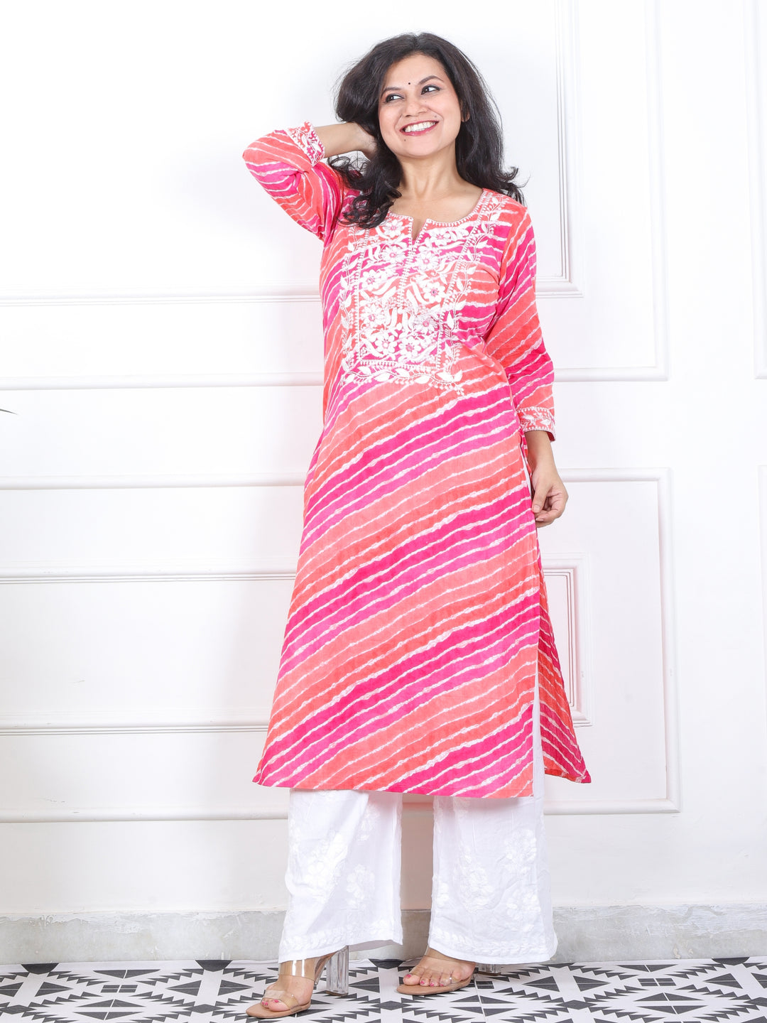 Lehrayi Orange Pink Leheriya Print Thread Embroidered Work Cotton Kurti