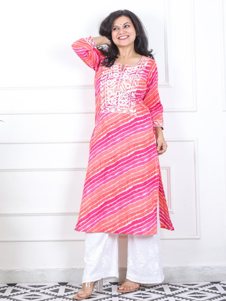 Lehrayi Orange Pink Leheriya Print Thread Embroidered Work Cotton Kurti