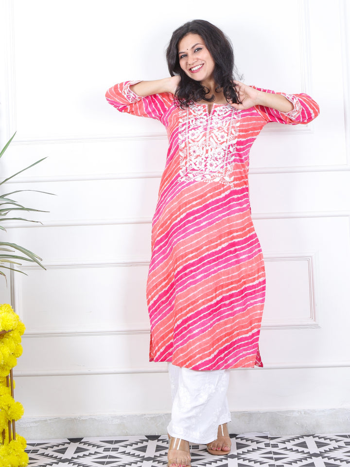 Lehrayi Orange Pink Leheriya Print Thread Embroidered Work Cotton Kurti