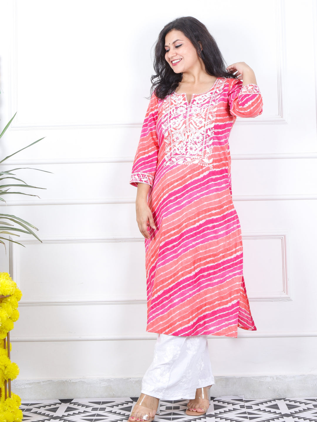 Lehrayi Orange Pink Leheriya Print Thread Embroidered Work Cotton Kurti