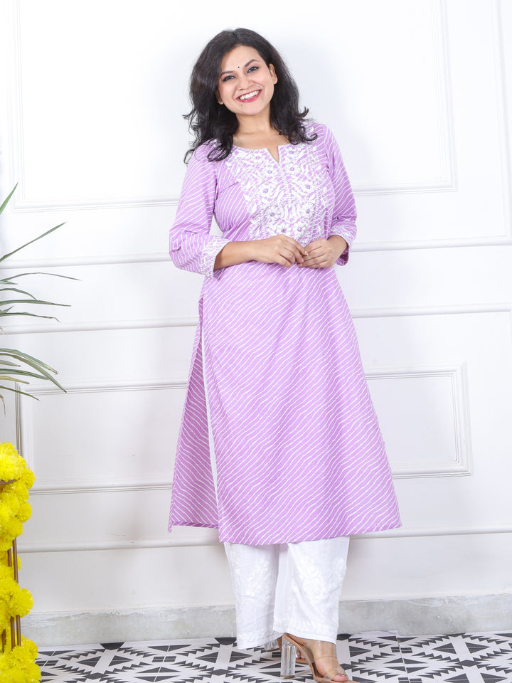 Lehrayi Baby Lilac Leheriya Print Thread Embroidered Work Cotton Kurti