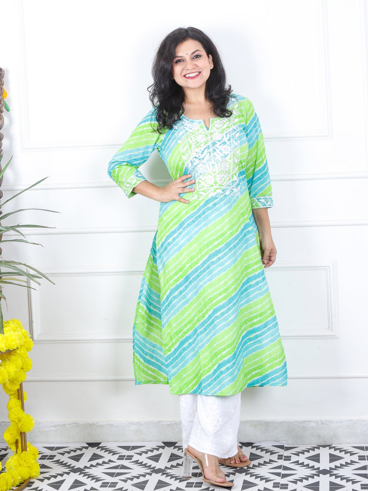 Lehrayi Teal Green Leheriya Print Thread Embroidered Work Cotton Kurti