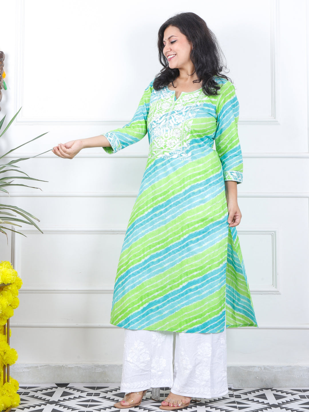 Lehrayi Teal Green Leheriya Print Thread Embroidered Work Cotton Kurti