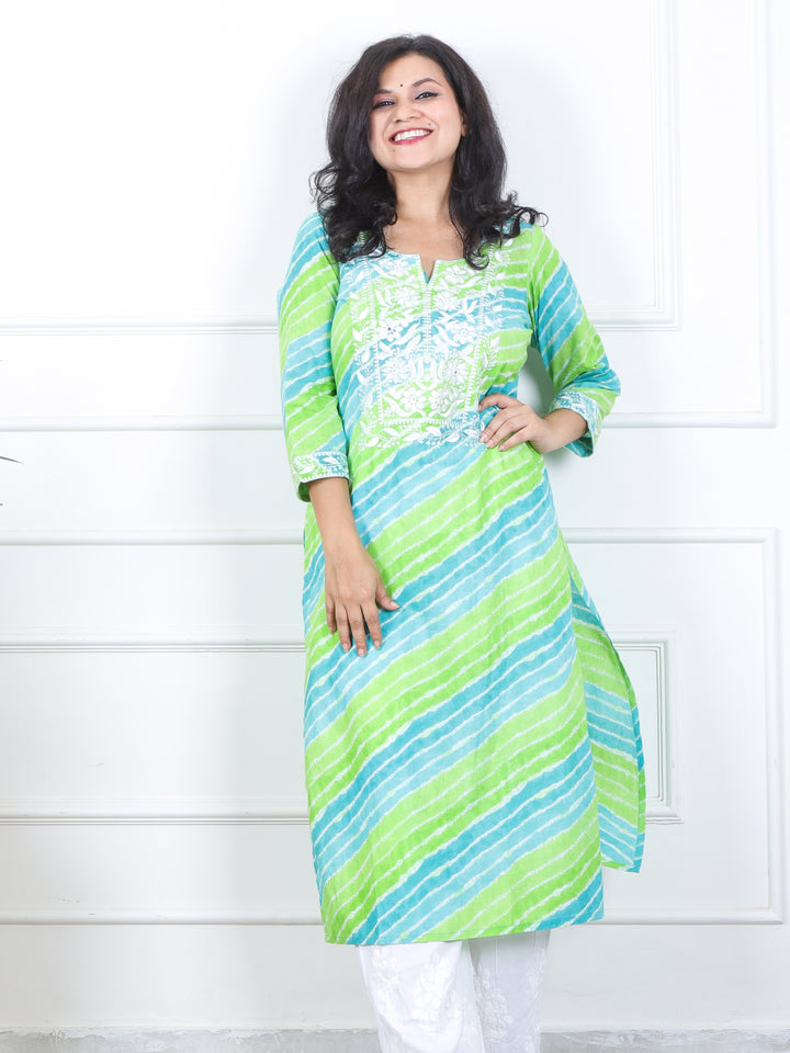 Lehrayi Teal Green Leheriya Print Thread Embroidered Work Cotton Kurti