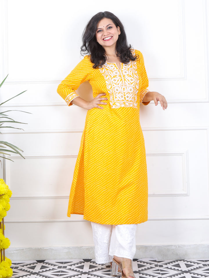 Lehrayi Corn Yellow Leheriya Print Thread Embroidered Work Cotton Kurti