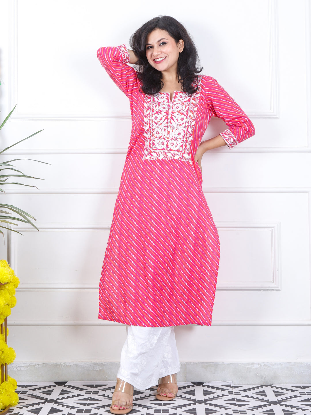 Lehrayi Flamingo Pink Leheriya Print Thread Embroidered Work Cotton Kurti