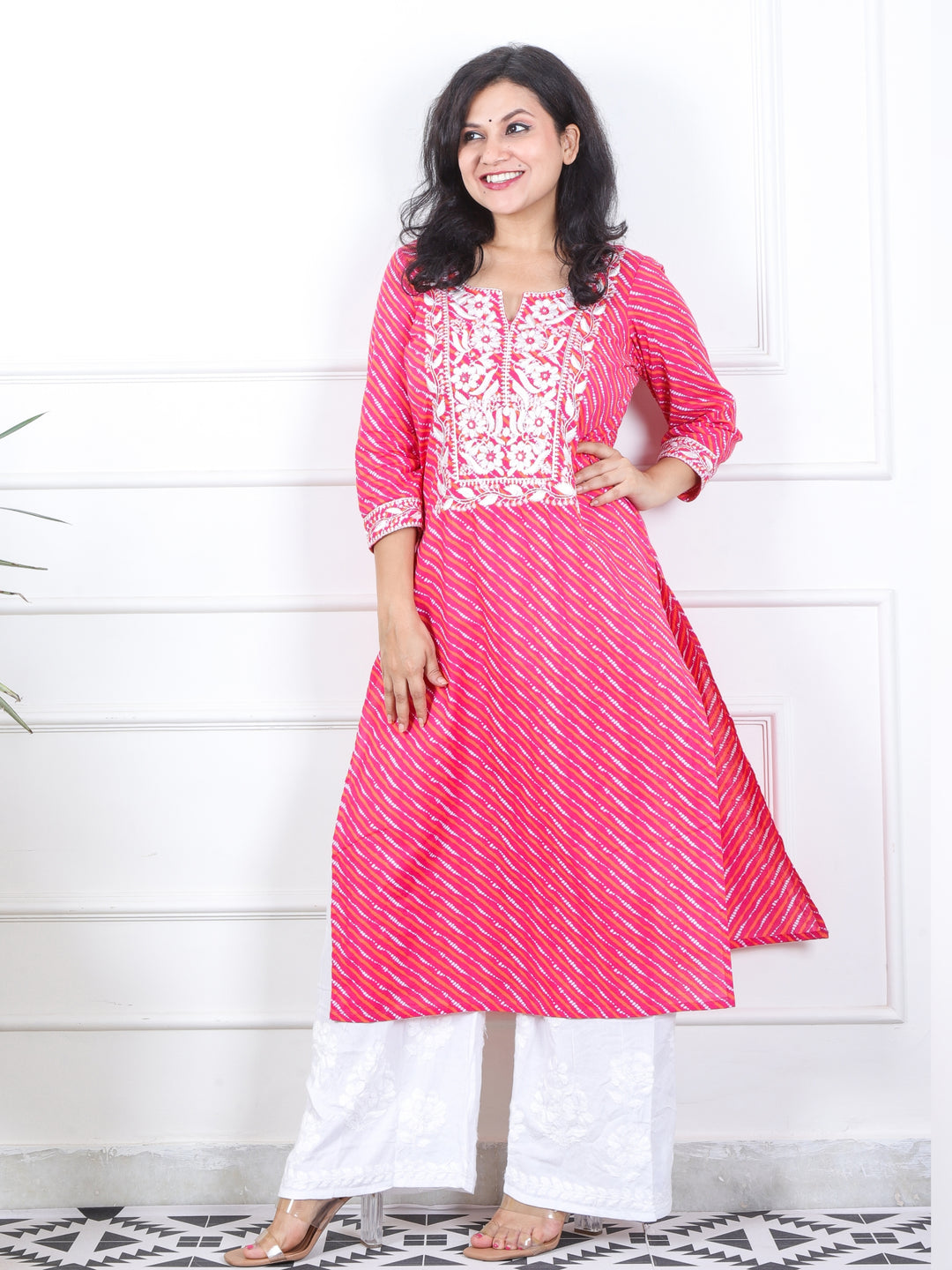 Lehrayi Flamingo Pink Leheriya Print Thread Embroidered Work Cotton Kurti