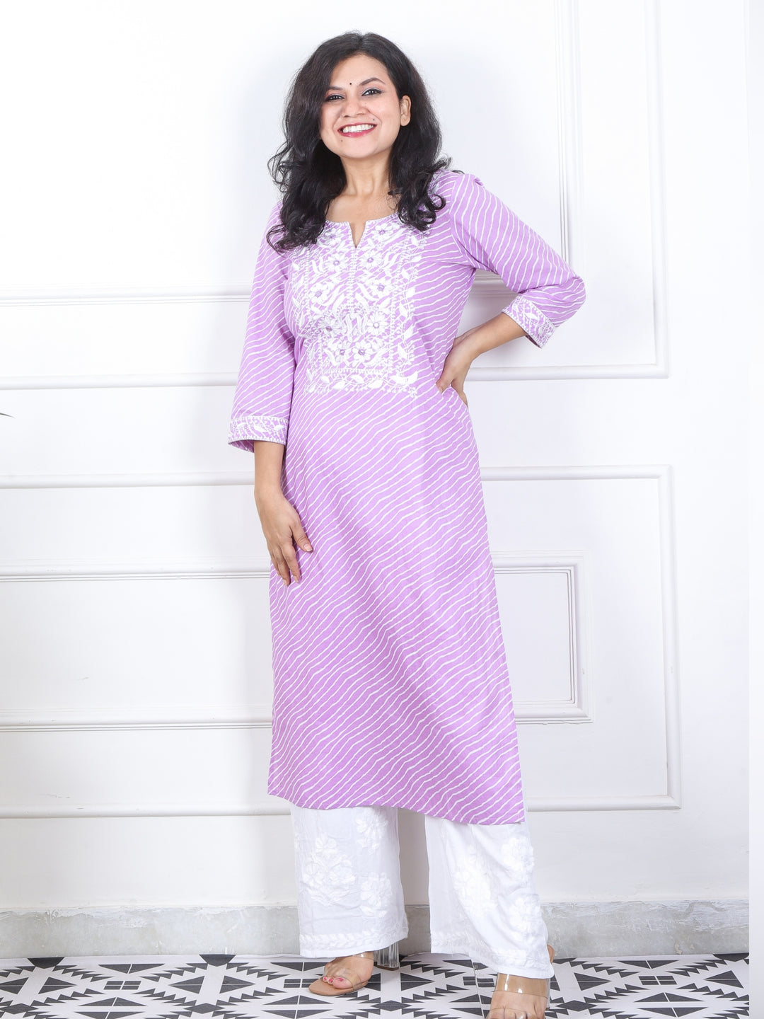 Lehrayi Baby Lilac Leheriya Print Thread Embroidered Work Cotton Kurti