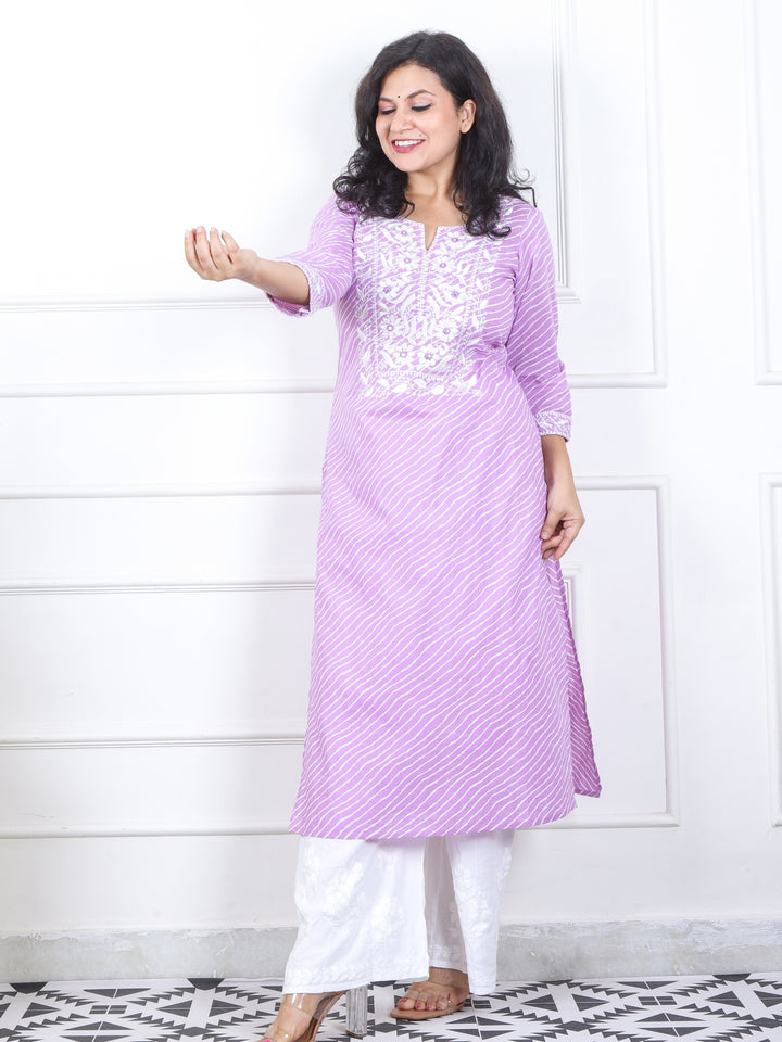 Lehrayi Baby Lilac Leheriya Print Thread Embroidered Work Cotton Kurti