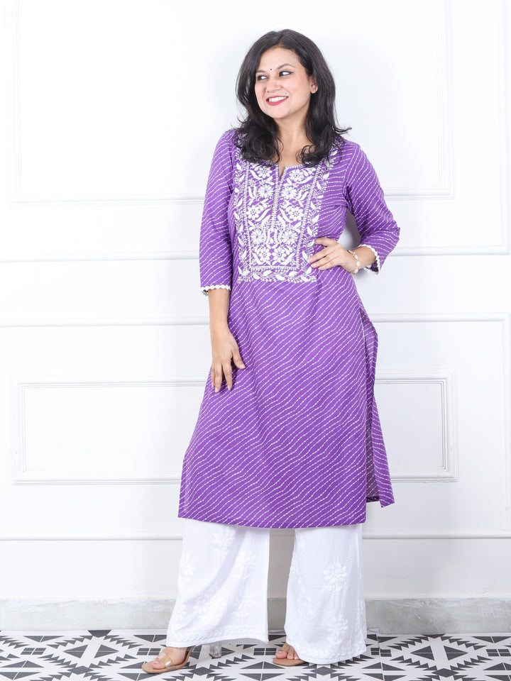 Lehrayi Vibrant Purple Leheriya Print Thread Embroidered Work Cotton Kurti