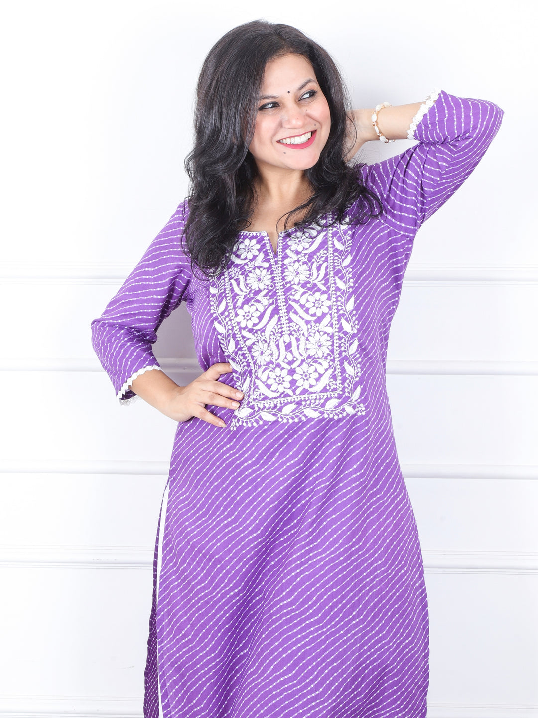 Lehrayi Vibrant Purple Leheriya Print Thread Embroidered Work Cotton Kurti