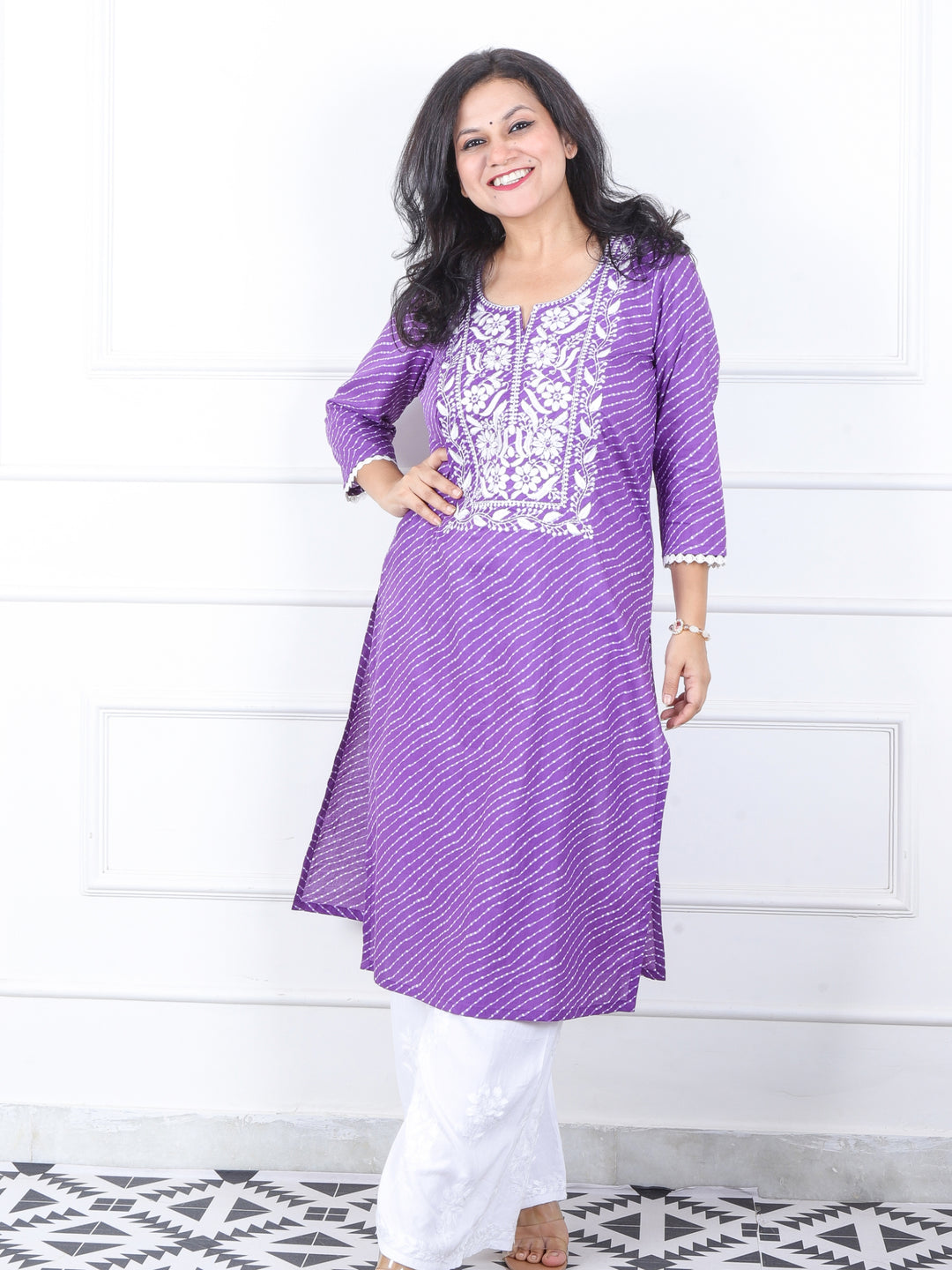 Lehrayi Vibrant Purple Leheriya Print Thread Embroidered Work Cotton Kurti