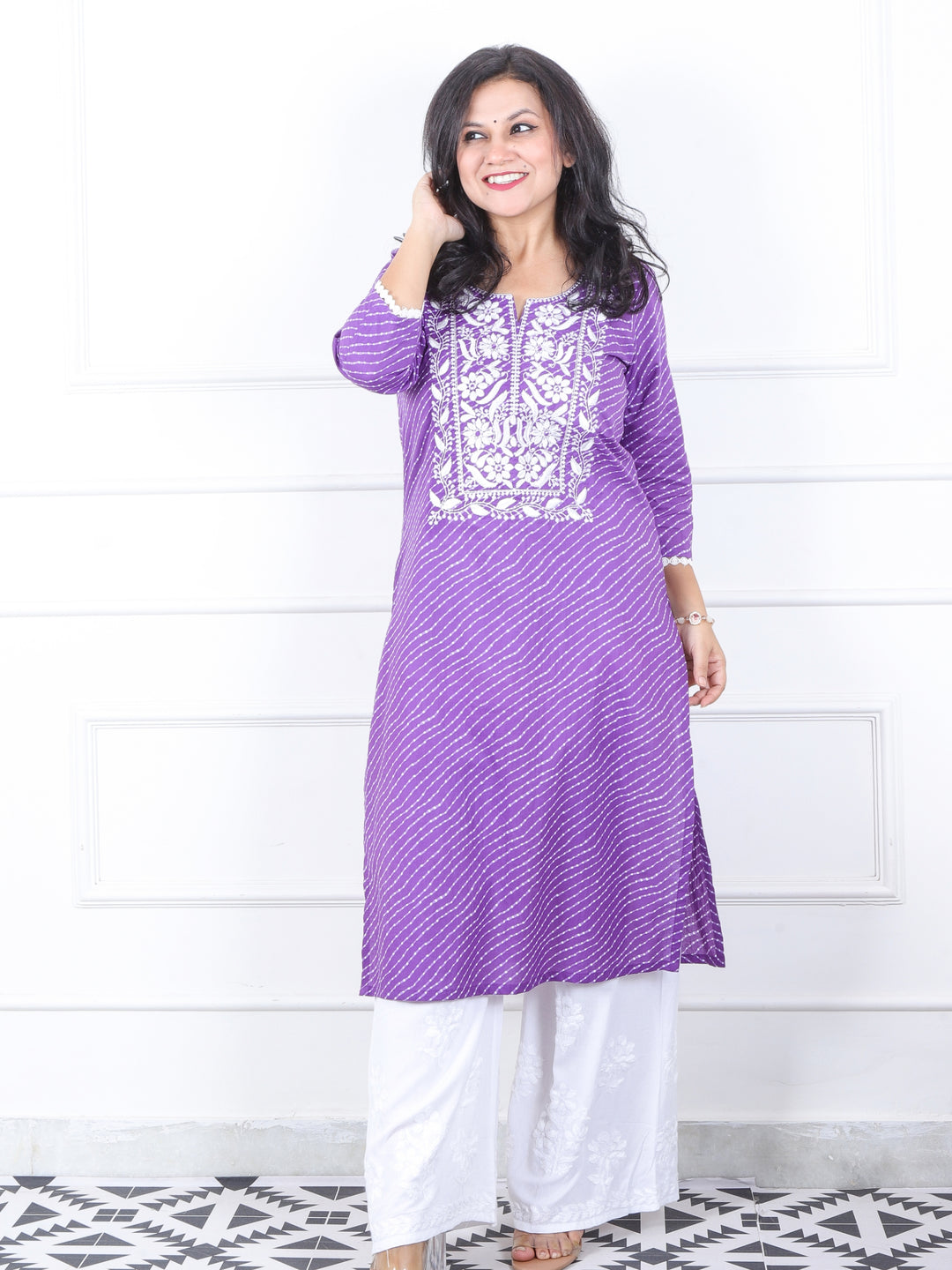 Lehrayi Vibrant Purple Leheriya Print Thread Embroidered Work Cotton Kurti