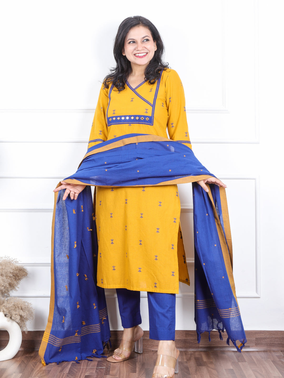 Iktaara Canary Yellow Angrakha Neck with Thread Weaved Work 3 Piece Set