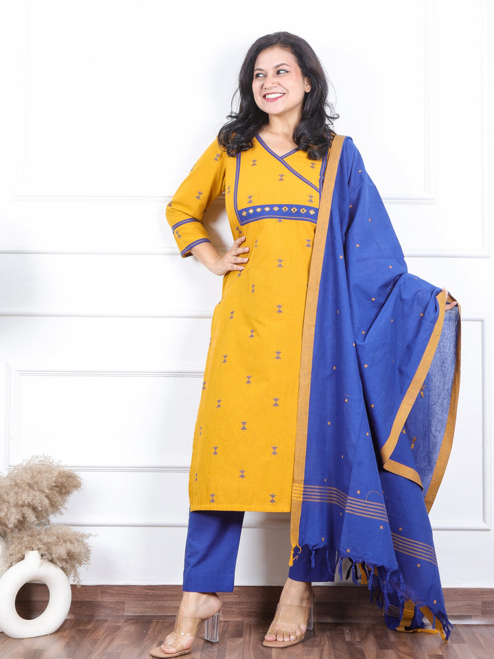 Iktaara Canary Yellow Angrakha Neck with Thread Weaved Work 3 Piece Set