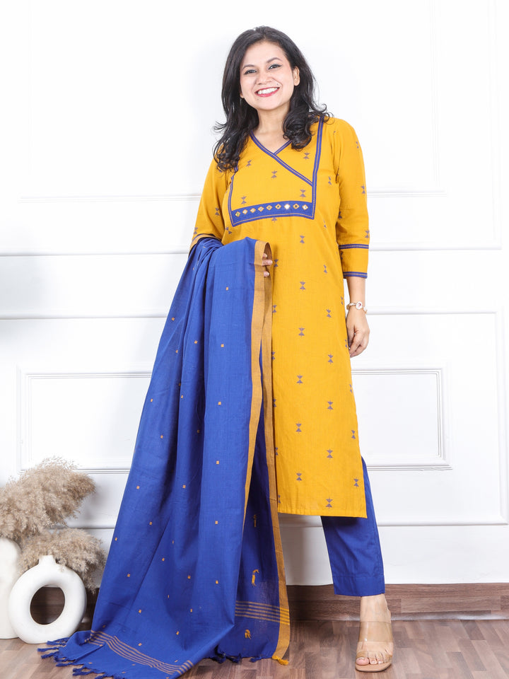 Iktaara Canary Yellow Angrakha Neck with Thread Weaved Work 3 Piece Set