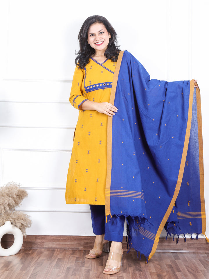 Iktaara Canary Yellow Angrakha Neck with Thread Weaved Work 3 Piece Set