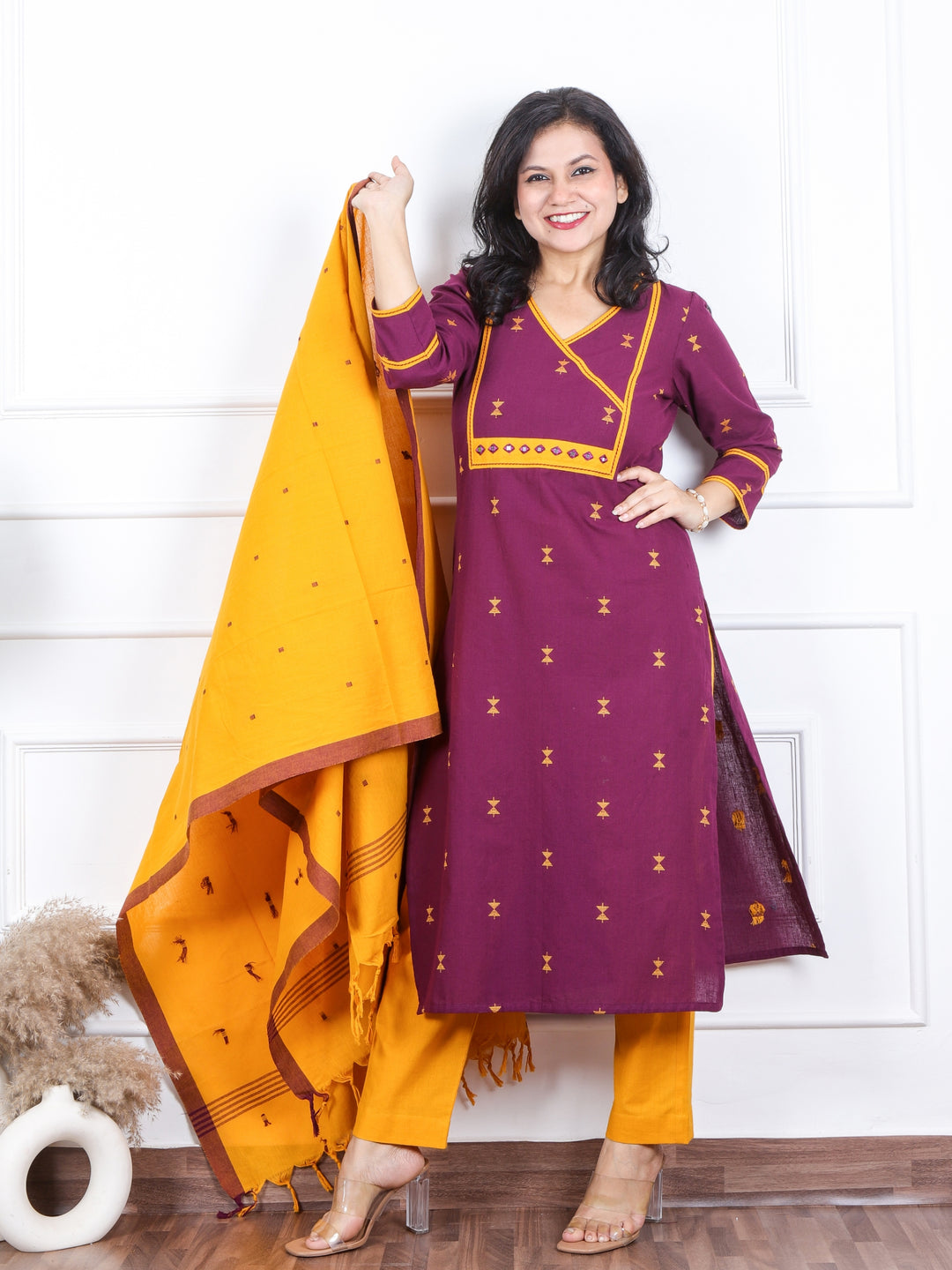 Iktaara Eggplant Purple Angrakha Neck with Thread Weaved Work 3 Piece Set