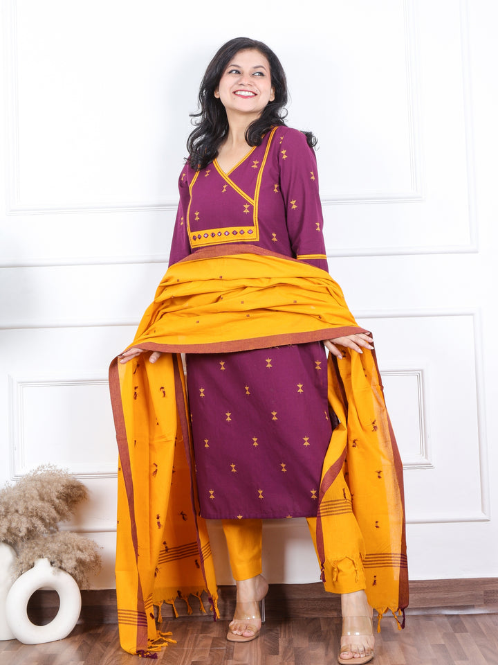 Iktaara Eggplant Purple Angrakha Neck with Thread Weaved Work 3 Piece Set