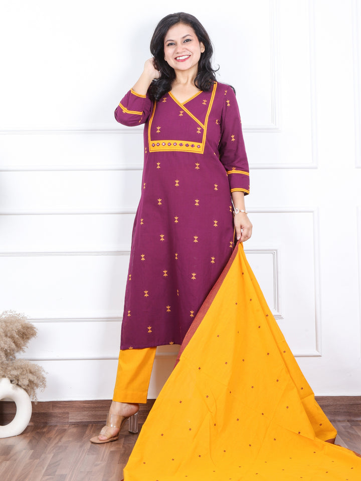 Iktaara Eggplant Purple Angrakha Neck with Thread Weaved Work 3 Piece Set