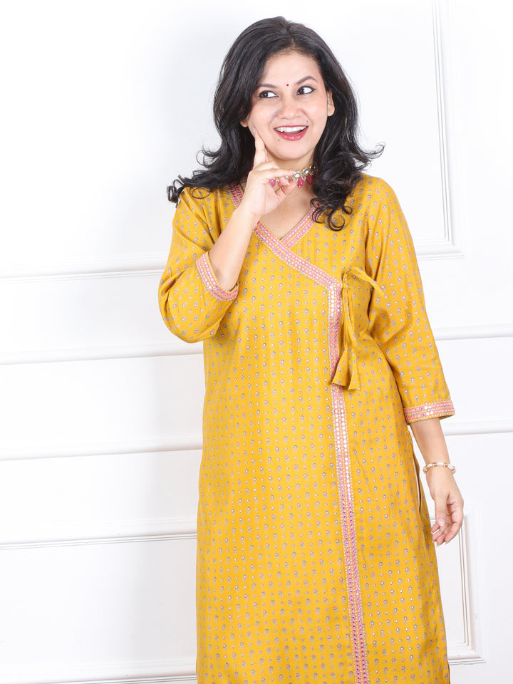 Aishwarya Canary Yellow Angrakha Style Neck Work Modal Kurti