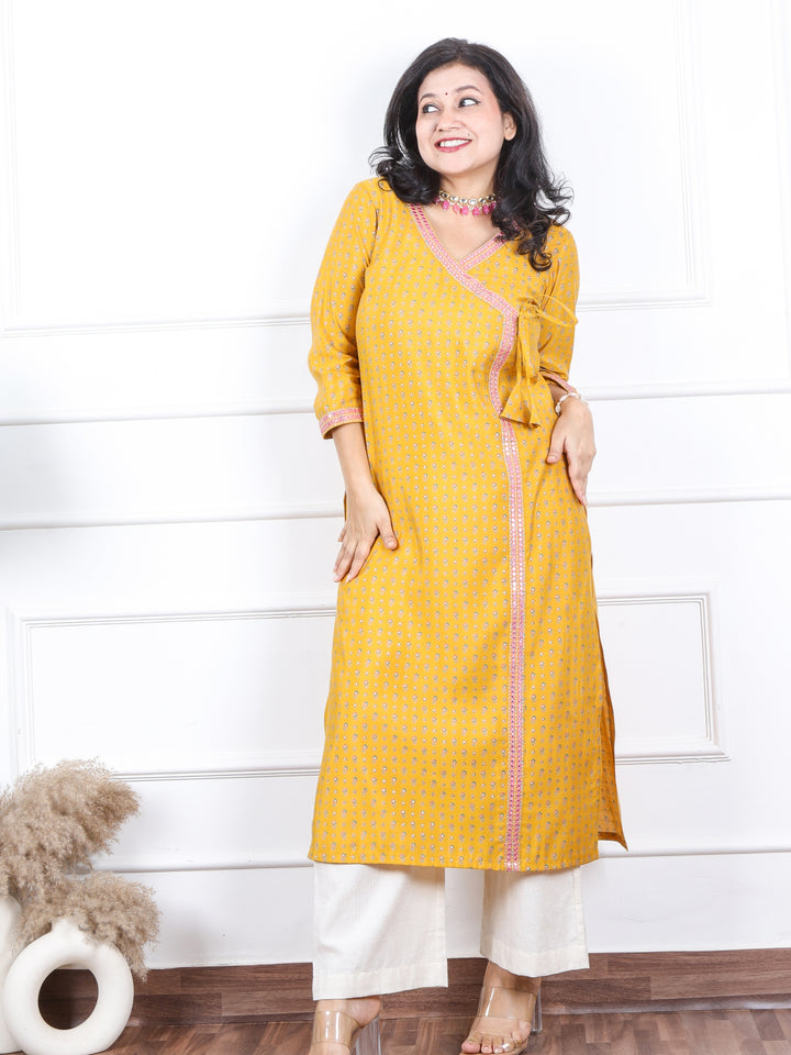 Aishwarya Canary Yellow Angrakha Style Neck Work Modal Kurti